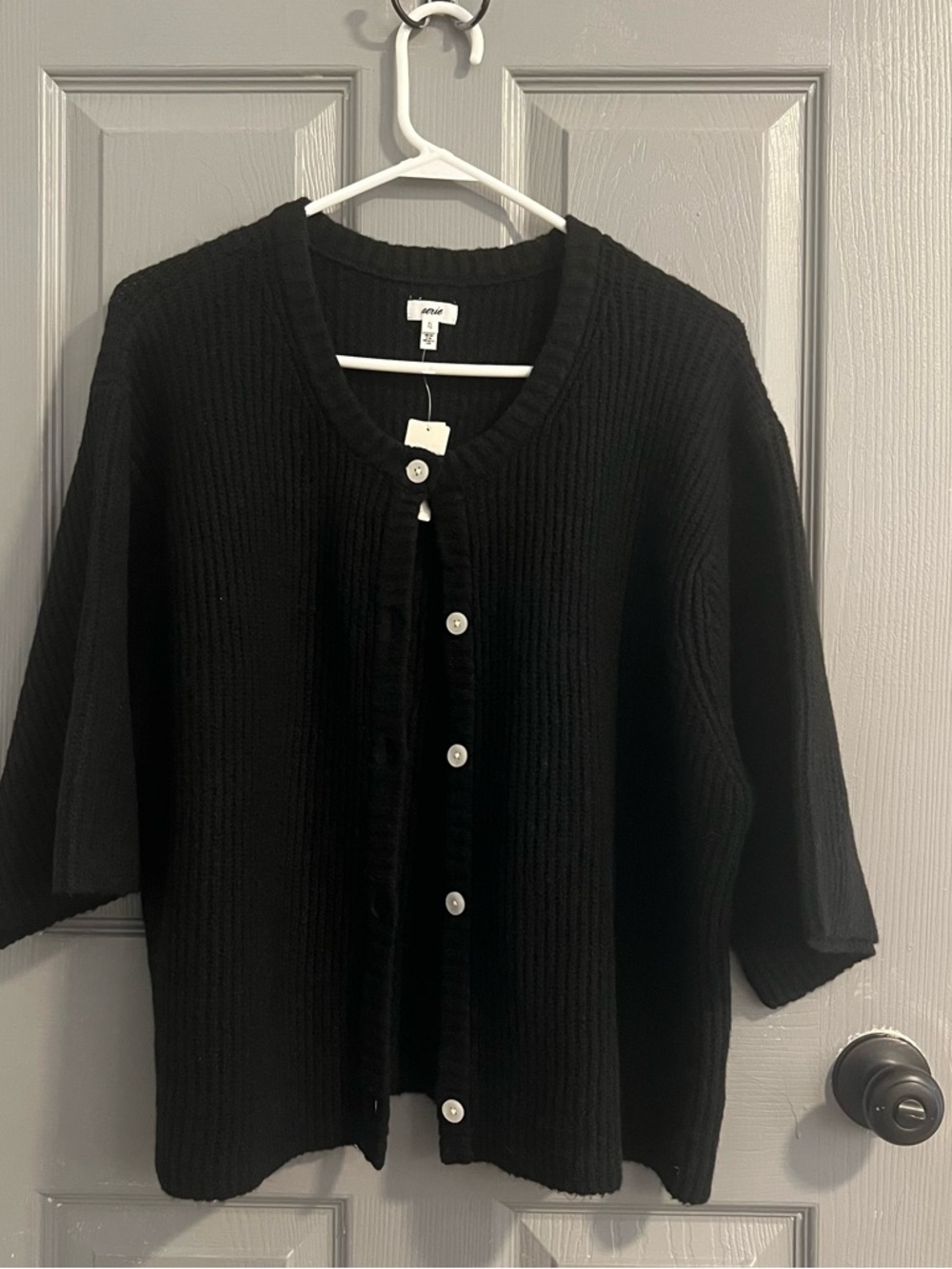 aerie Black Ribbed Extra Soft Button-Front Cardigan Short Sleeve Cozy Casual - Picture 3 of 5